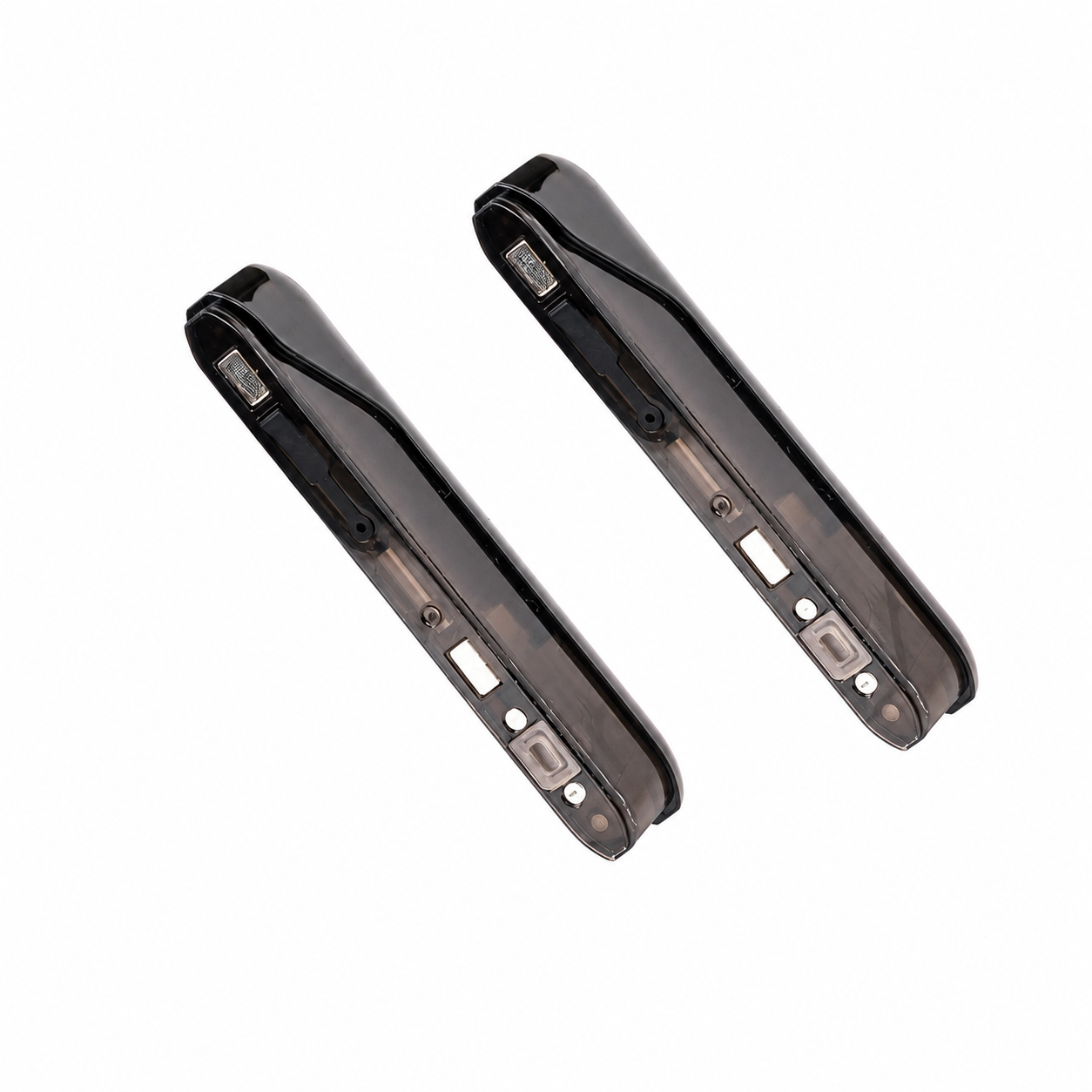 Two translucent black Wallet replacement pods shown at an angle on a white background, displaying the internal pod components and mouthpiece design.